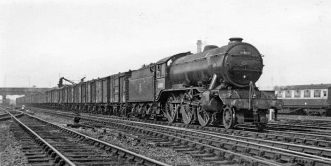 Up Fish train entering Doncaster on 12th August 1953
At Marshgate Junction with Leeds and Bradford to the left, Hull and Grimsby to the right, this southbound Class C train coming out from under Frenchgate Bridge (A1) is probably from Grimsby or Hull, headed by Gresley K3/3 no.61883 (built October 1929 as no.1391, thence no.1883 from 1946 and withdrawn as 61883 in December 1962).
 Copyright Ben Brooksbank (CC by SA/2.0)
