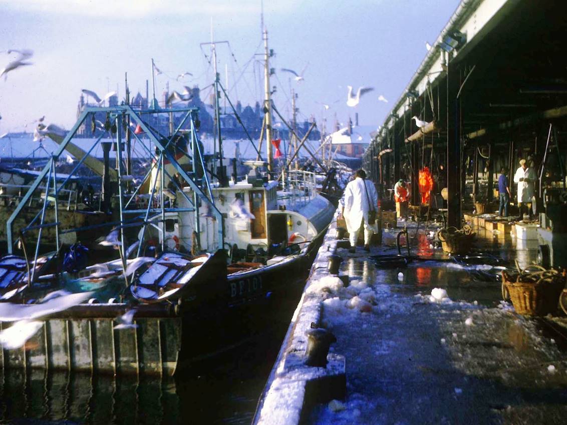 Aberdeen fish market on a winter's morning
26th December 1967 when Aberdeen was still a major port for white fish trawlers.
© Copyright Robert W. Watt (CC by SA/2.0)
